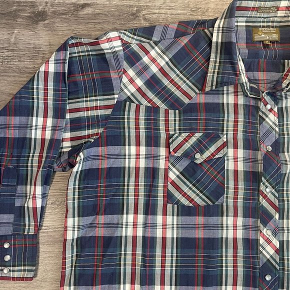 Outlaw Western Wear Navy Green White Plaid L/S Pearl Snap Button Rodeo Shirt 3XL - Picture 3 of 6